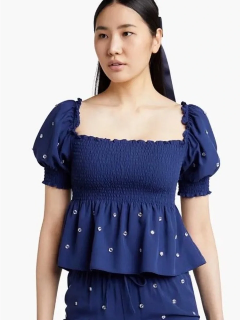 Hill House Home Jewel Jammy Top Navy Blue Smocked Peplum‎ Puff Sleeve Size M